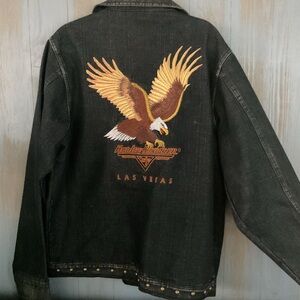 MENS HARLEY DAVIDSON CAFE LAS VEGAS EMBROIDERED DARK BLUE DENIM JACKET LARGE NEW